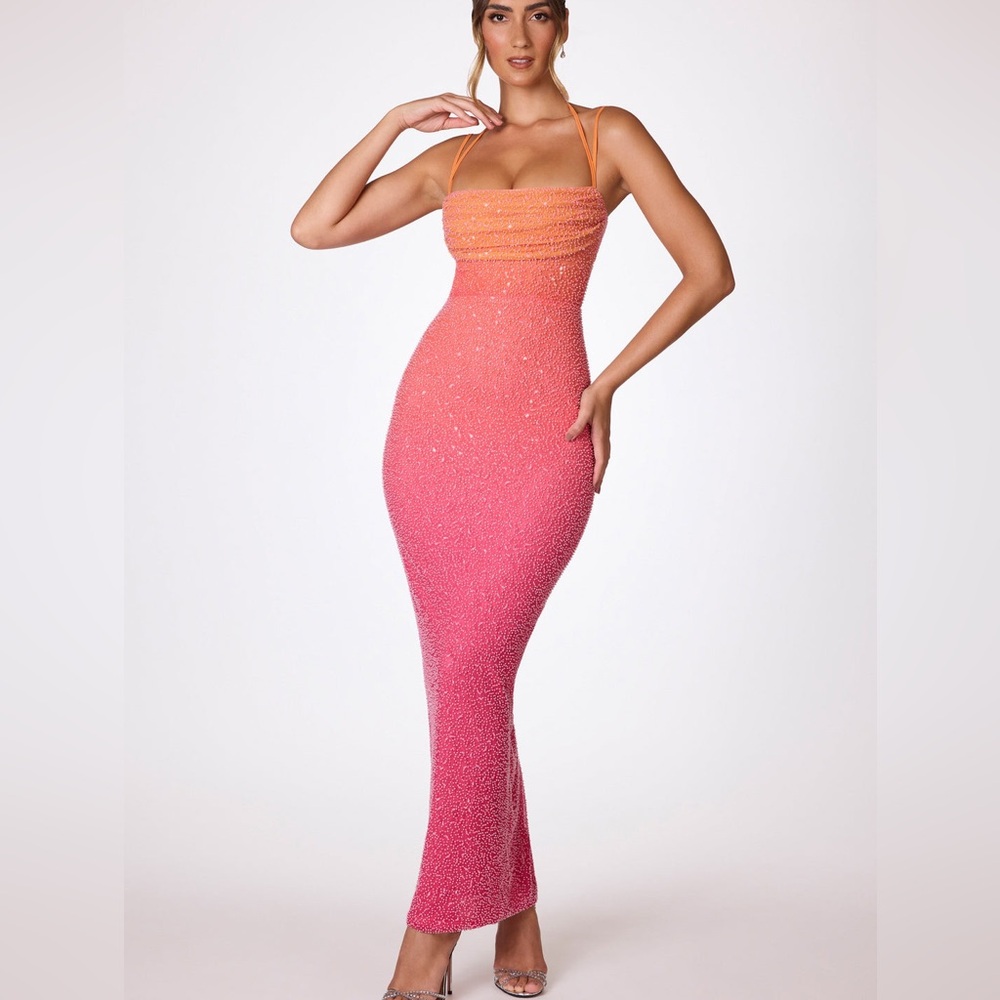 Oh Polly MONTE CARLO Embellished Maxi Dress in Pink and Orange Ombré Size 4
